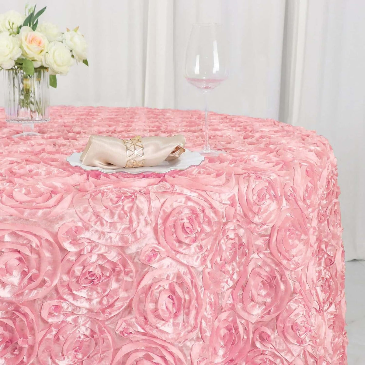 Efavormart 120" Wholesale Round Table Cover Pink Grandiose Rosette 3D Satin Tablecloth for Wedding