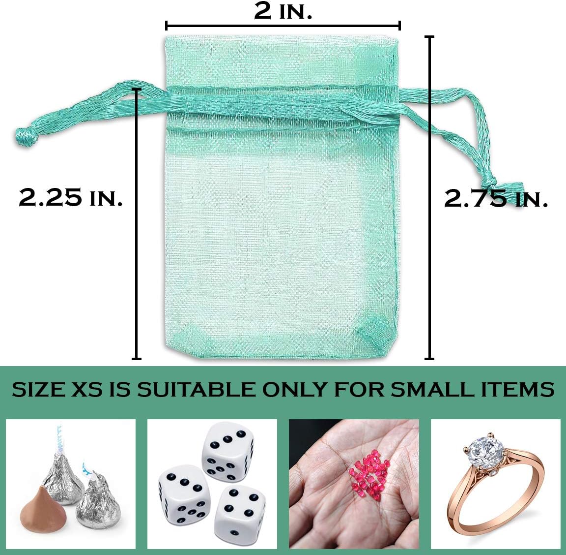 TheDisplayGuys 100-Pack XS XS 2x2 3/4" Teal Sheer Organza Gift Bags with Drawstring, Jewelry Candy