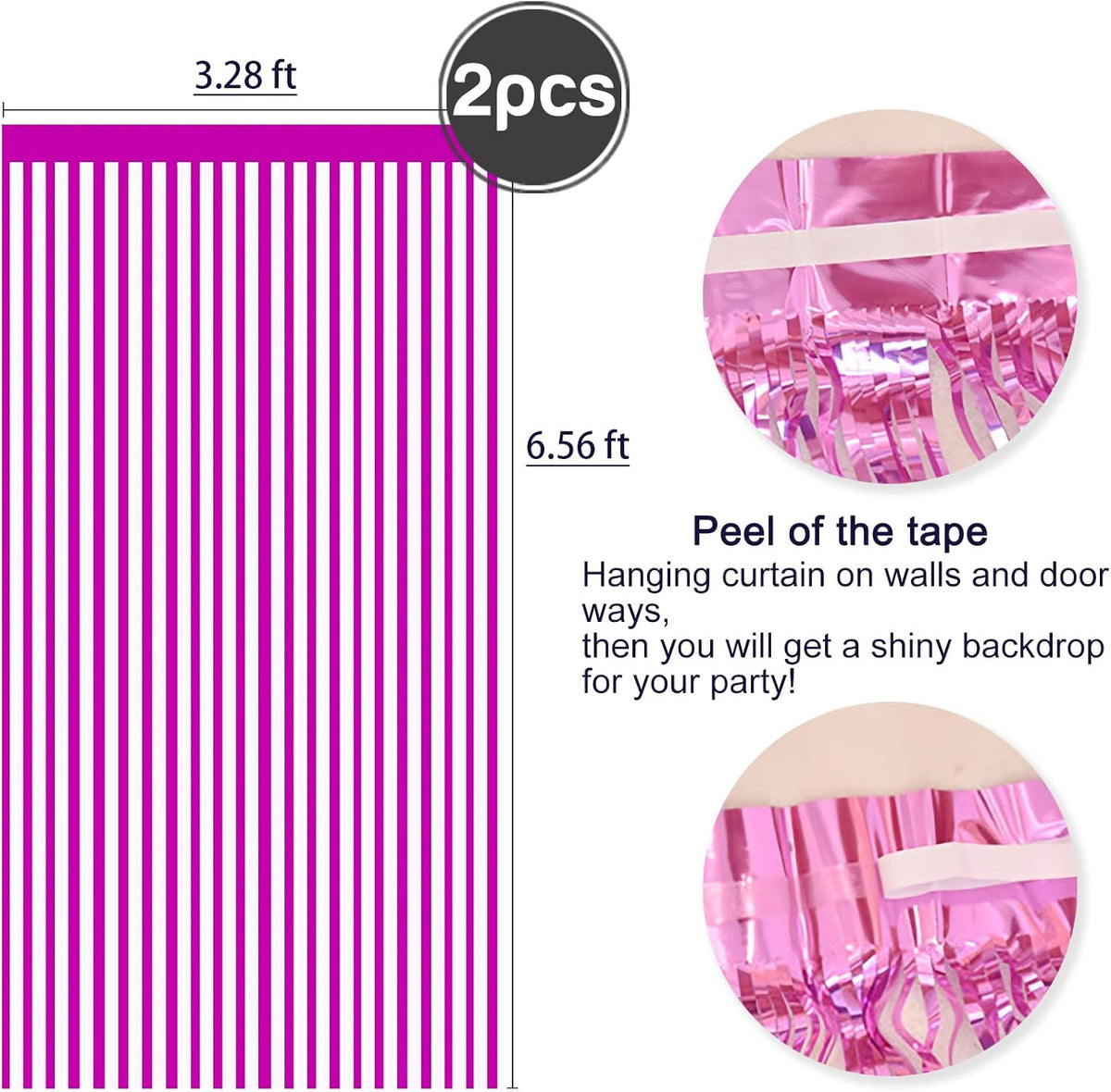 2 Pcs Hot Pink Metallic Tinsel Foil Fringe Curtains Backdrop, 3.28 ft x 6.56 ft Streamers for