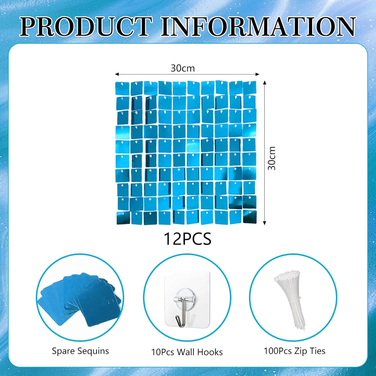 12PCS Lake Blue Shimmer Wall Backdrop, Square Sequin Photo Backdrops Panel, Glitter Wall Background