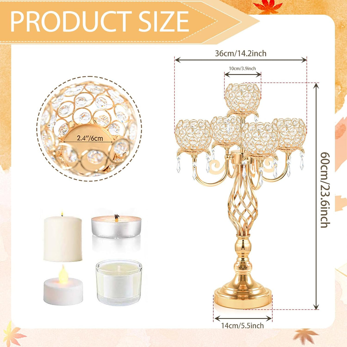 5-Arm Crystal Candelabra Centerpiece 23.2" Tall - Elegant Candle Holder Stand with Crystal Bowl