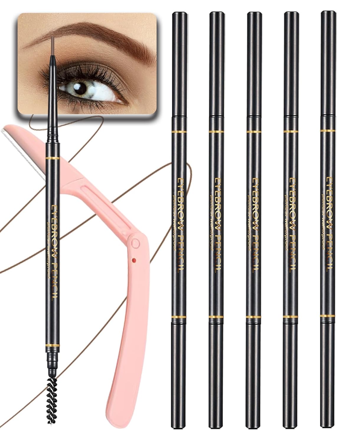 Dark Brown Eye Brow Pencils for Women, 6Pcs Waterproof Eyebrow Pencil, 1.5mm Micro-Fine Tip &
