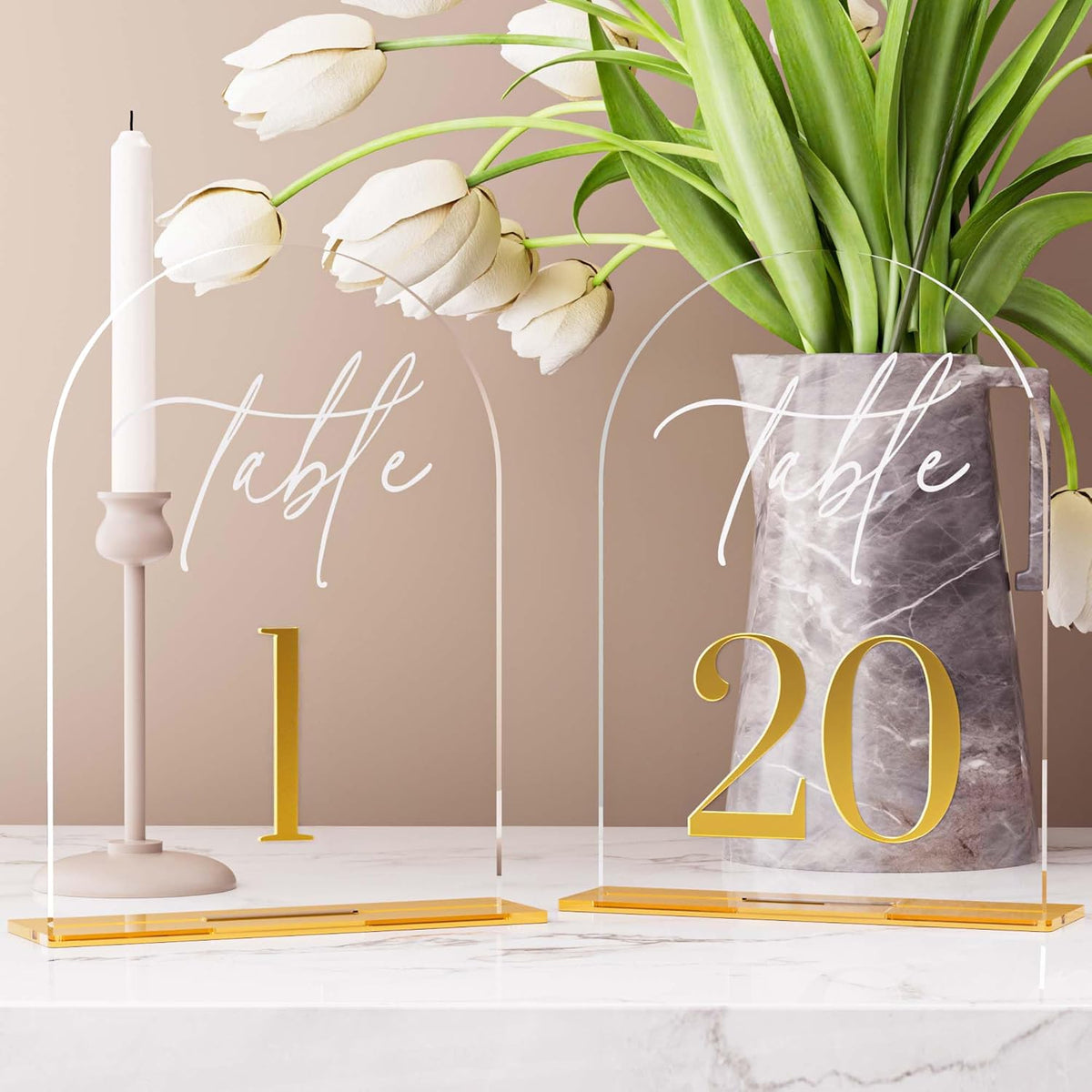 Arch Wedding Table Numbers 1-20 w/Stand, Gold 3D Table Numbers for Reception - 5.5" X 7" Elegant