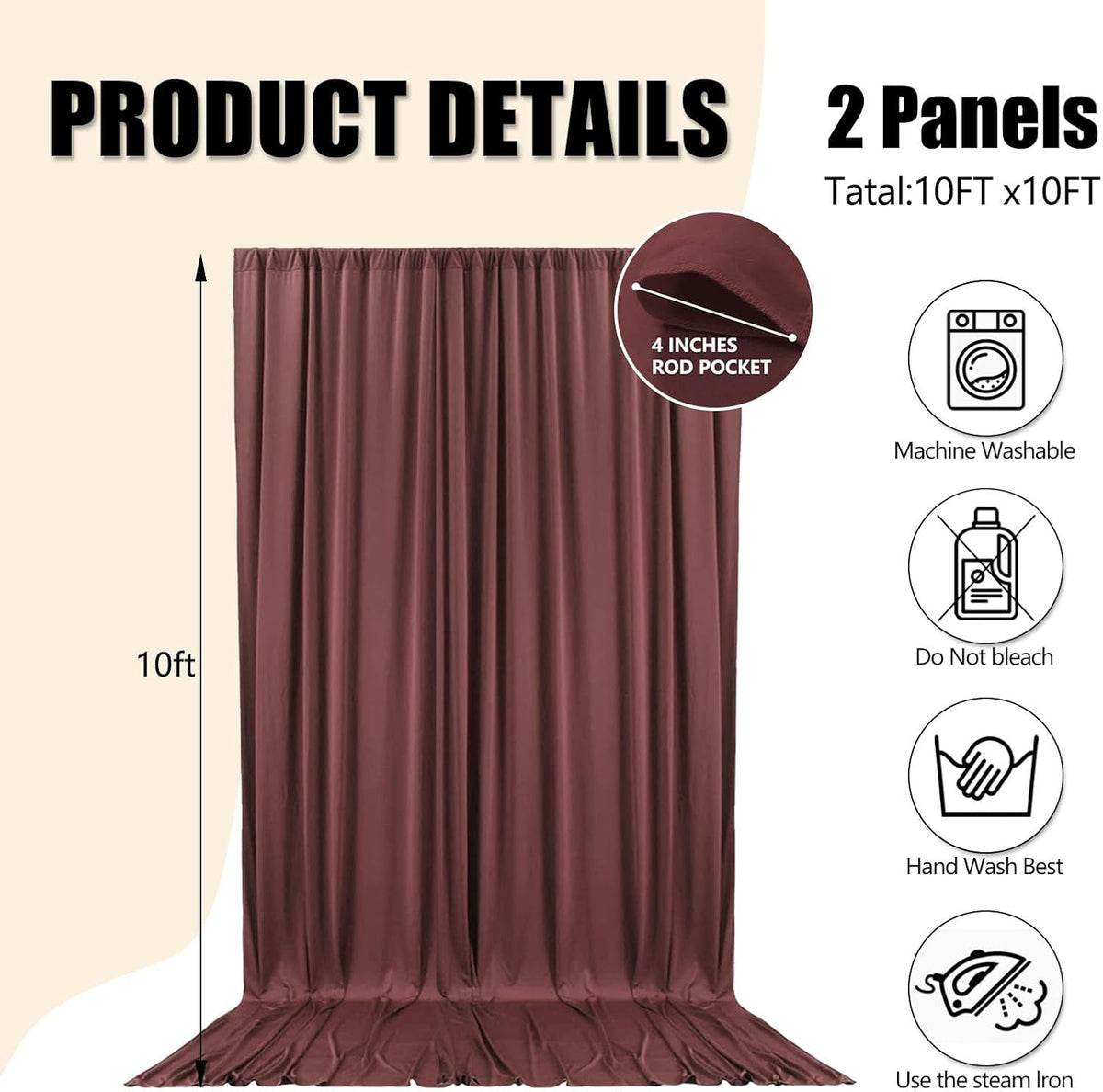 10ft x 10ft Red Brown Backdrop Curtains for Parties, Fabric Satin Background Curtain with Rod