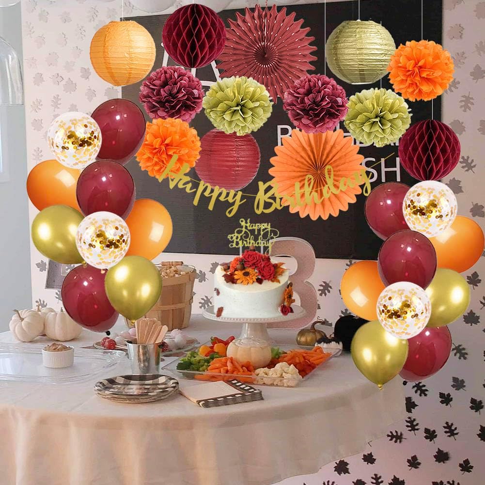 Fall Birthday Decorations Burgundy and Orange Party Decorations Pom Poms Flowers Paper Lanterns