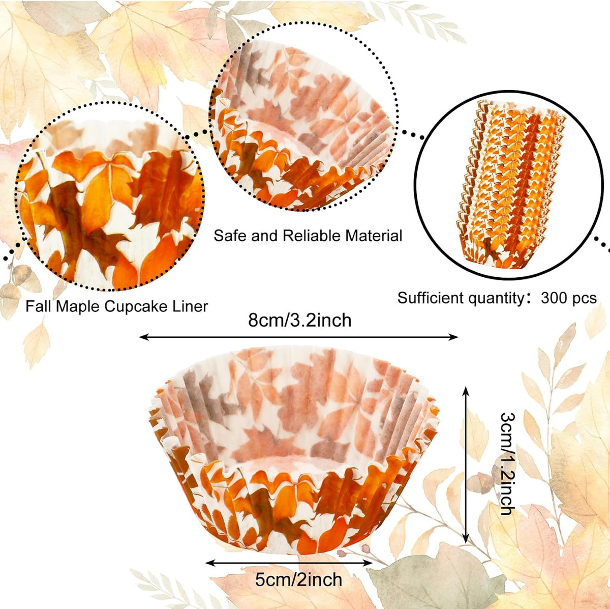 Whaline 300Pcs Fall Cupcake Liners Orange Maple Leaves Paper Baking Cups Thanksgiving Watercolor