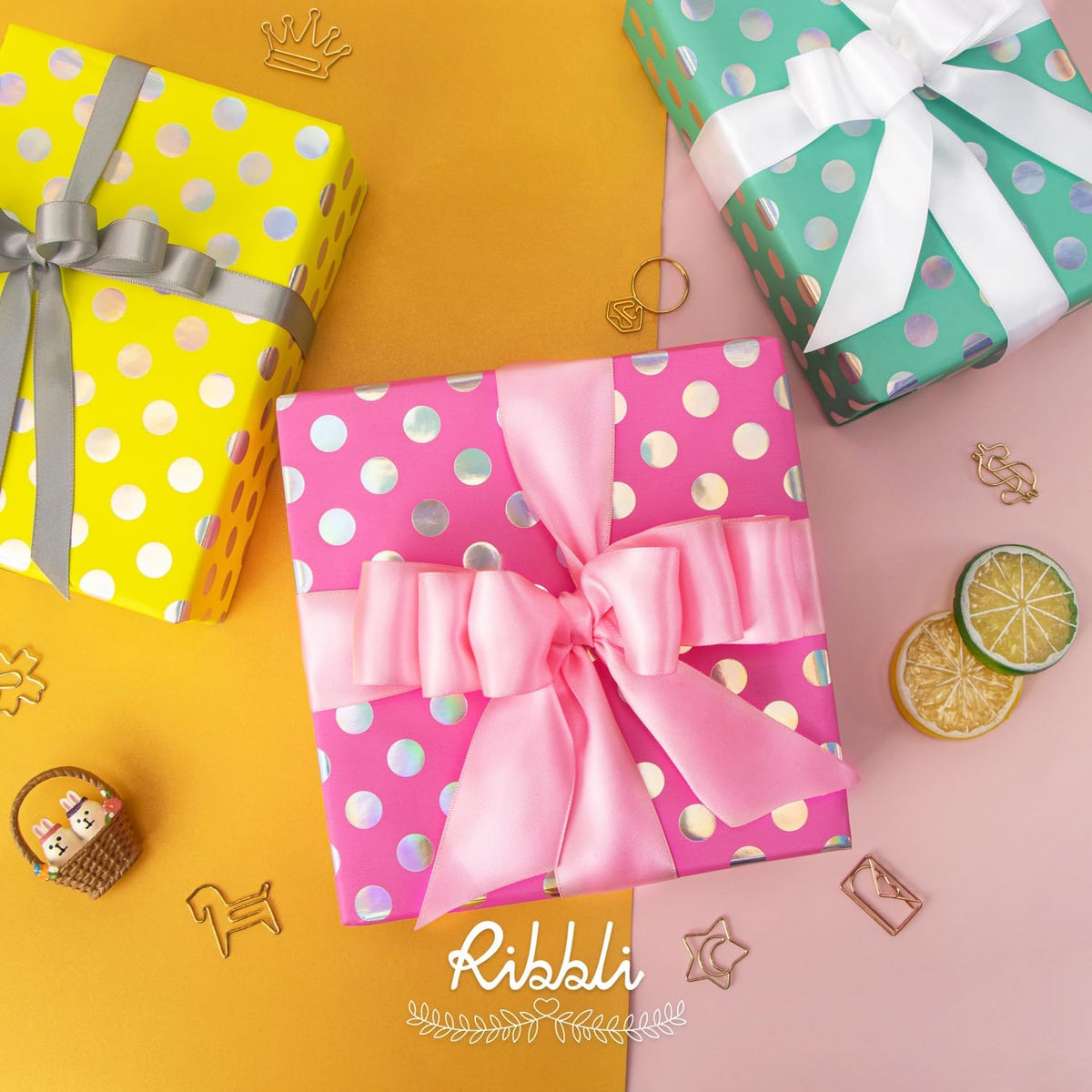 Ribbli Birthday Polka Dots Wrapping Paper Mini Roll, 3 Rolls Fluorescent Pink Aqua Yellow with