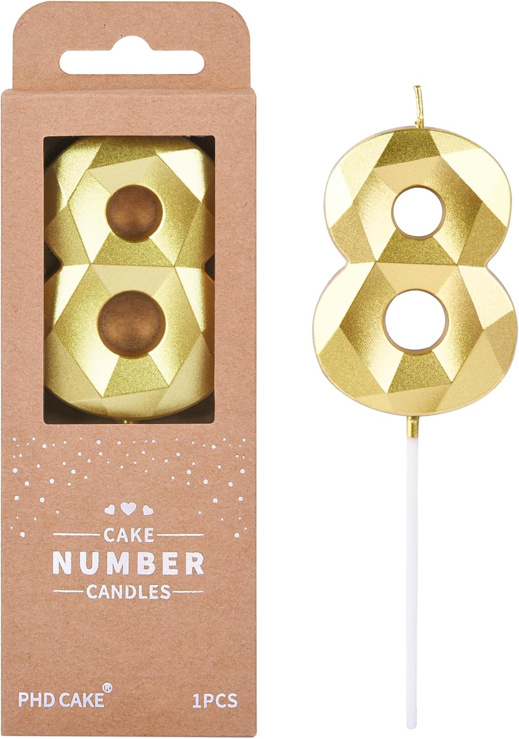 PHD CAKE 2.76 Inch Crystal Gold 8 Number Birthday Candles, Gold Number Candles, Cake Number