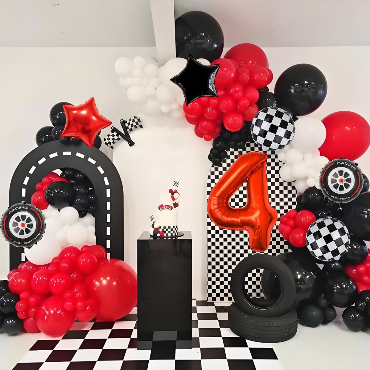 Race Car Birthday Decorations - 40 Inch Mylar Red Number 4 Balloons - Black Foil Checkered Race Car