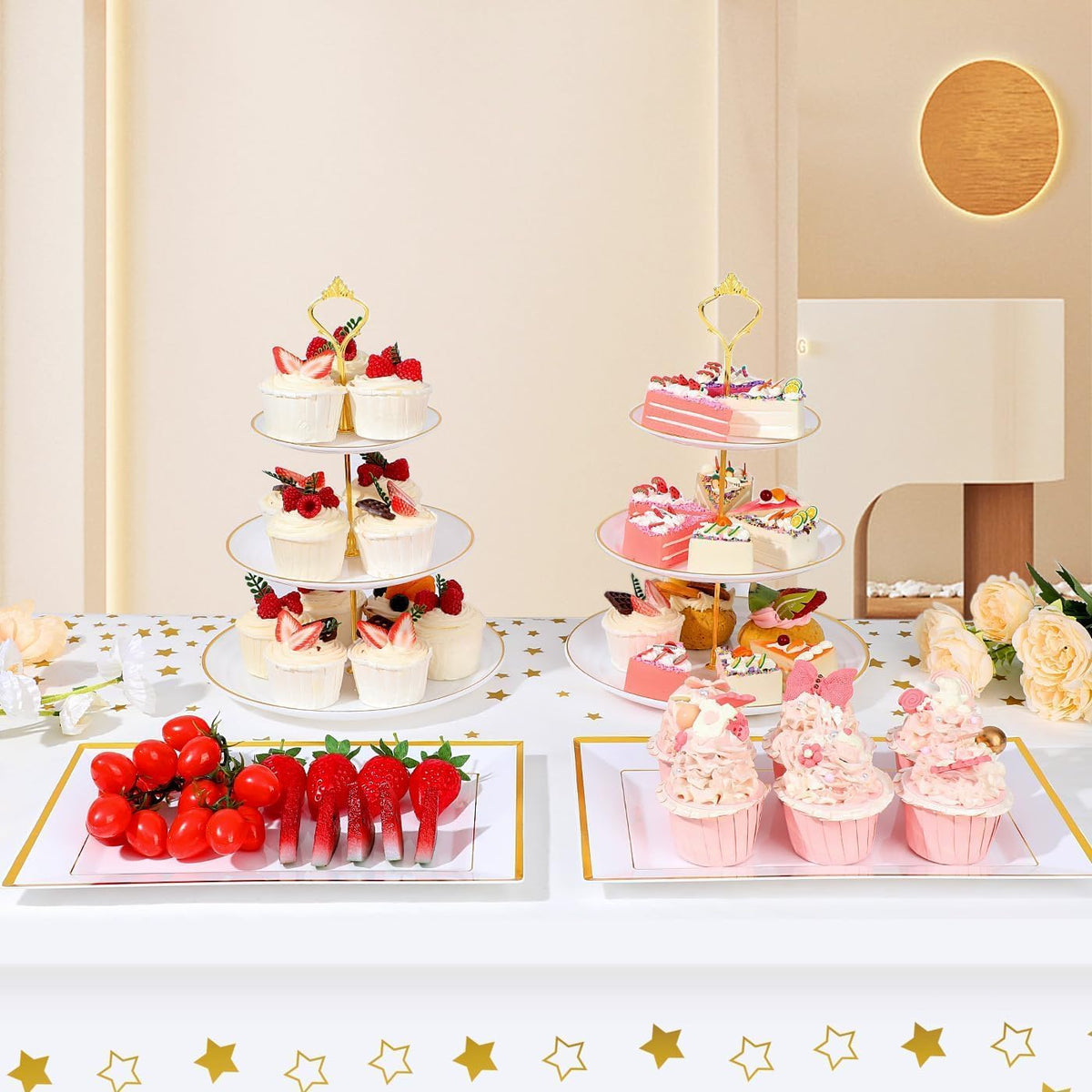 DI QIU REN 8PCS Cake Stand Set, Plastic Cupcake Stands with Gold Rim, Dessert Display Stands Set
