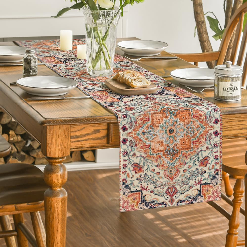 Artoid Mode Boho Bohemia Style Orange Table Runner, Country Rustic Farmhouse Magical Fall Kitchen