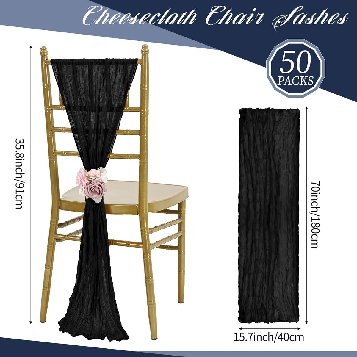 50 PCS Cheesecloth Chair Sashes, Bows Designed ChairSashes, 15.7x70 inch Chair Sashes for Aisle