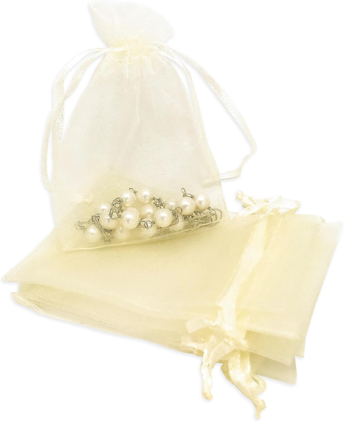 TheDisplayGuys 100-Pack 3x4 Cream Sheer Organza Gift Bags with Drawstring for Jewelry, Candy Bags
