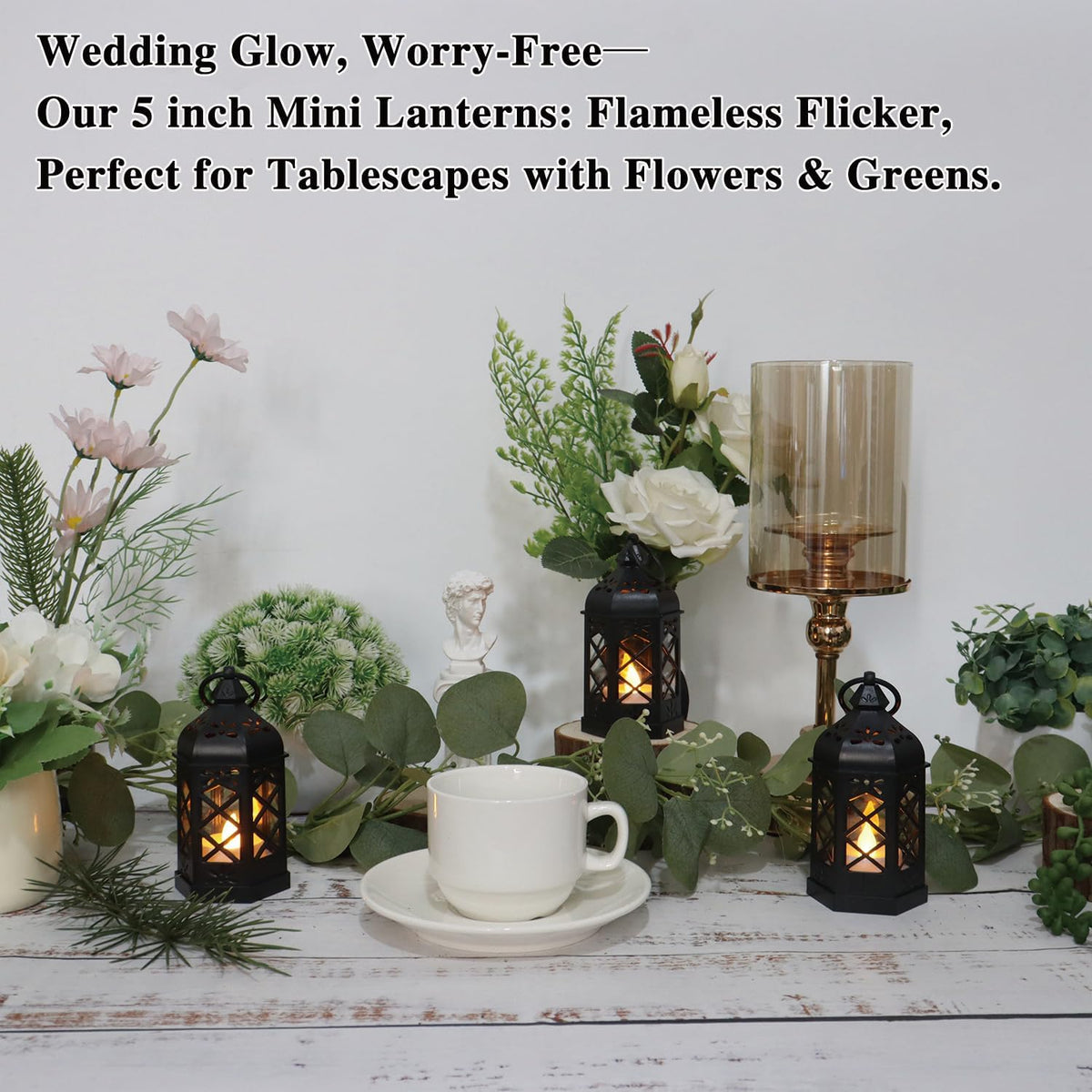 LLQ (8Pack-5Inch) Mini Lantern with Flickering LED Candle for Table Centerpiece, Black Halloween
