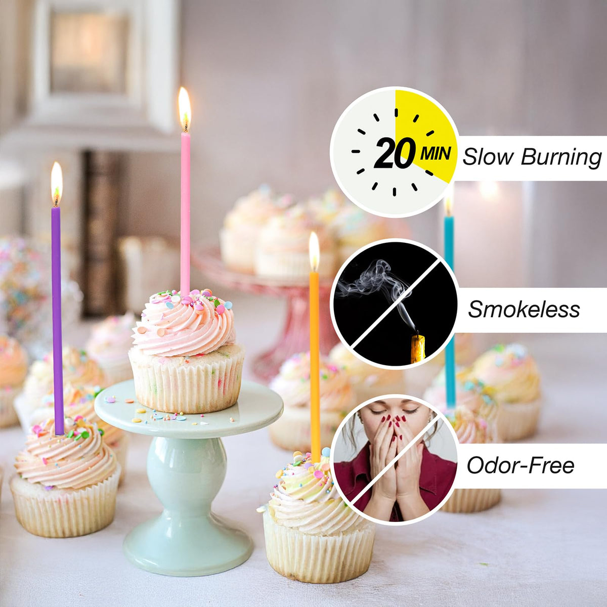 Apluselection 40-Count Rainbow Birthday Candles, Tall Thin Birthday Cake Candles Set, Rainbow