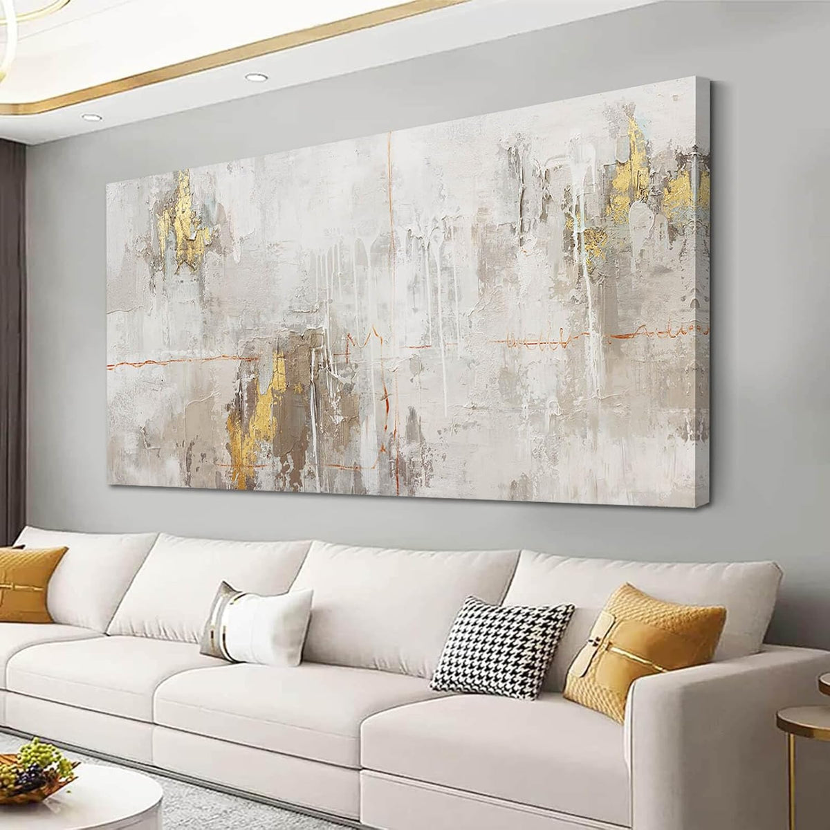 VAYIMDH Minimalist Wall Decor White with Gold Canvas Wall Art Grunge Posters Modern Abstract