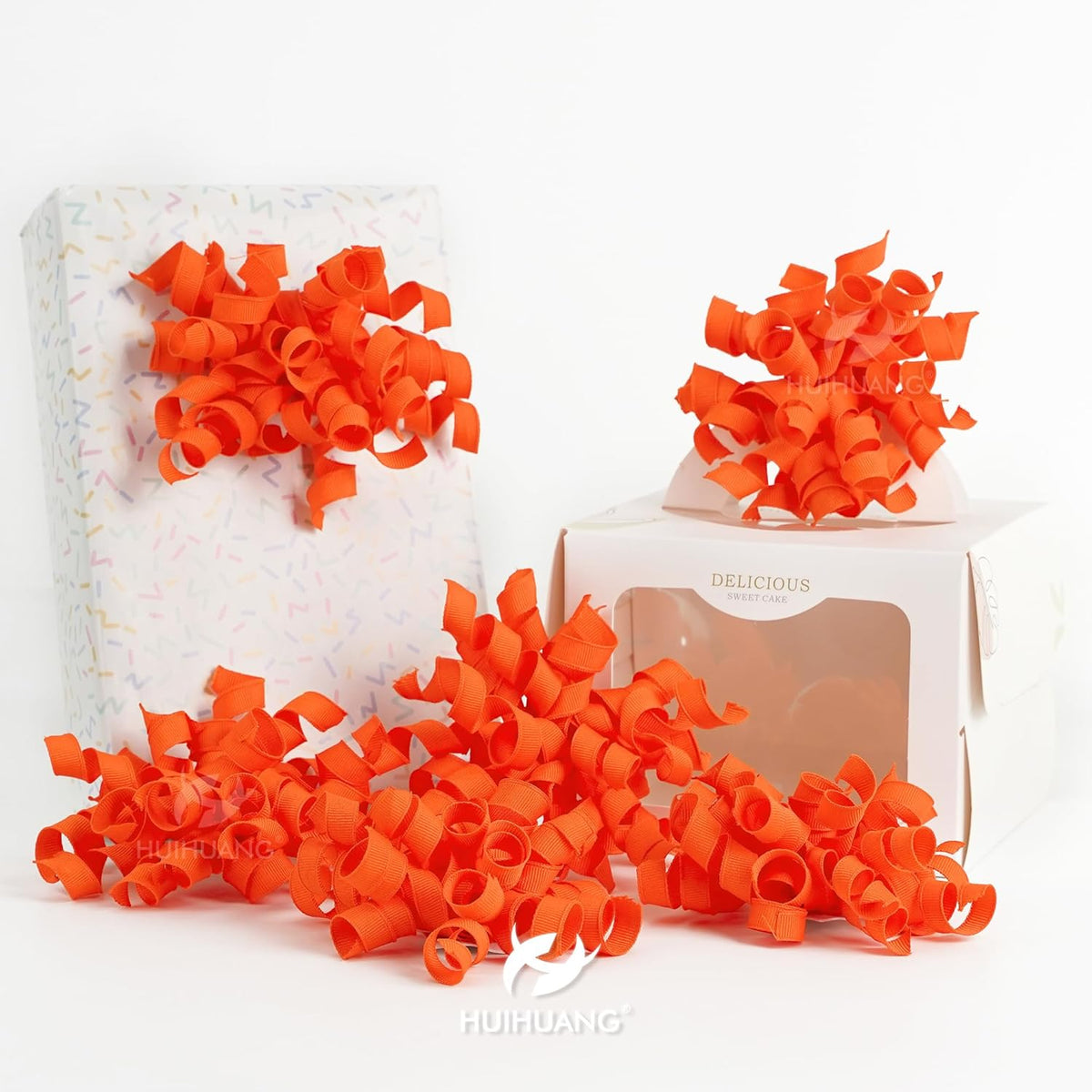 HUIHUANG Curly Ribbon Bows for Gift Wrapping, Orange Gift Bows Self Adhesive Burst Gift Bows for