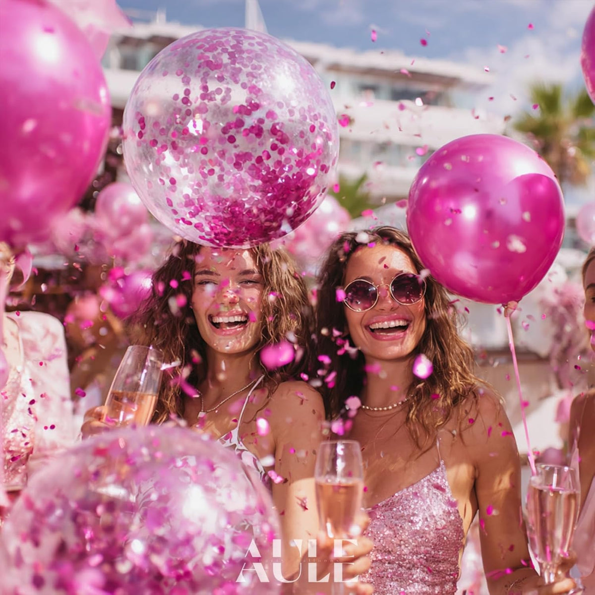AULE Party Balloons Pack of 42 - Metallic Chrome Hot Pink Balloons and Hot Pink Confetti Latex