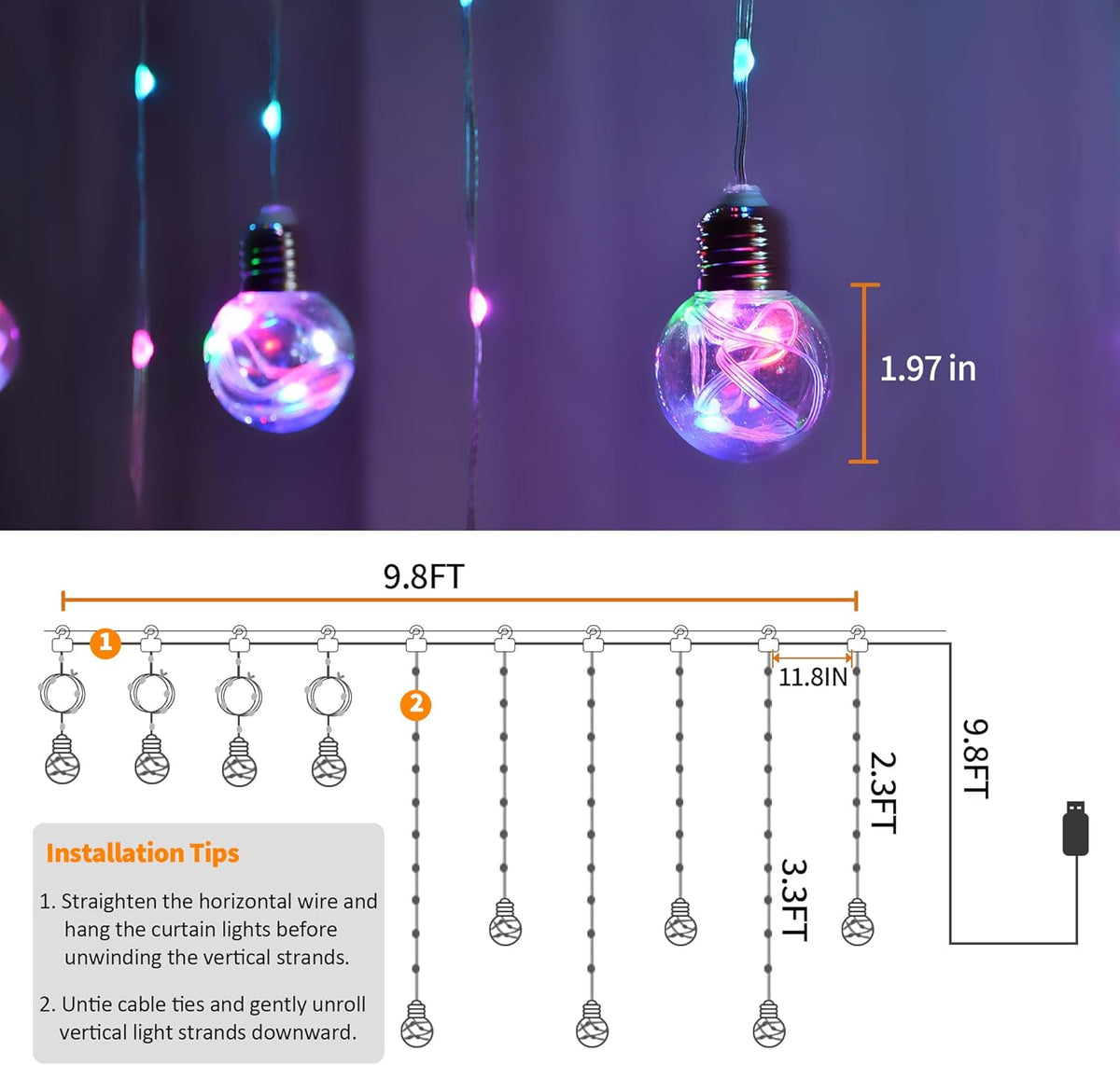 Color Changing Wishing Ball Curtain Lights, 9.8 x 3.3 FT RGB LED Fairy Light with Remote App