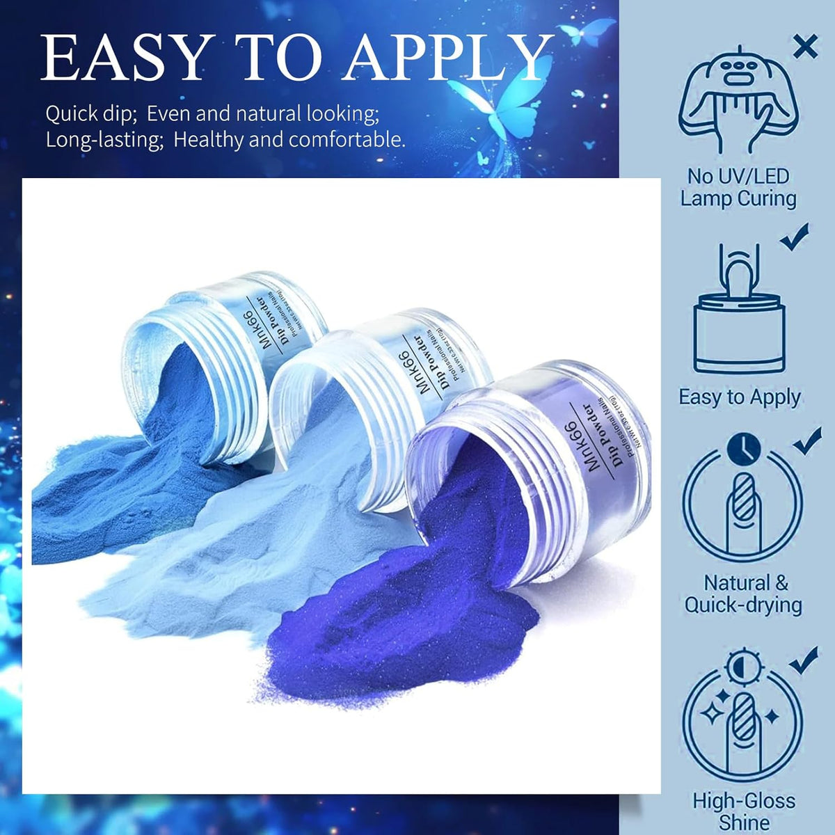 6 Colors Dip Powder Set, Royal Blue Glitter Dipping Powder Color Set, Glossy Nail Art Manicure DIY