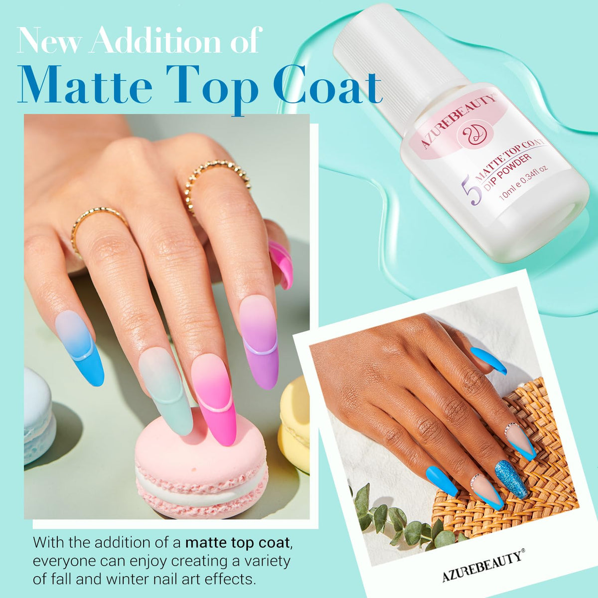 AZUREBEAUTY Dip Nail Powder Starter Kit with Matte Coat, 8 Colors Hot Pink Blue Purple Glitter