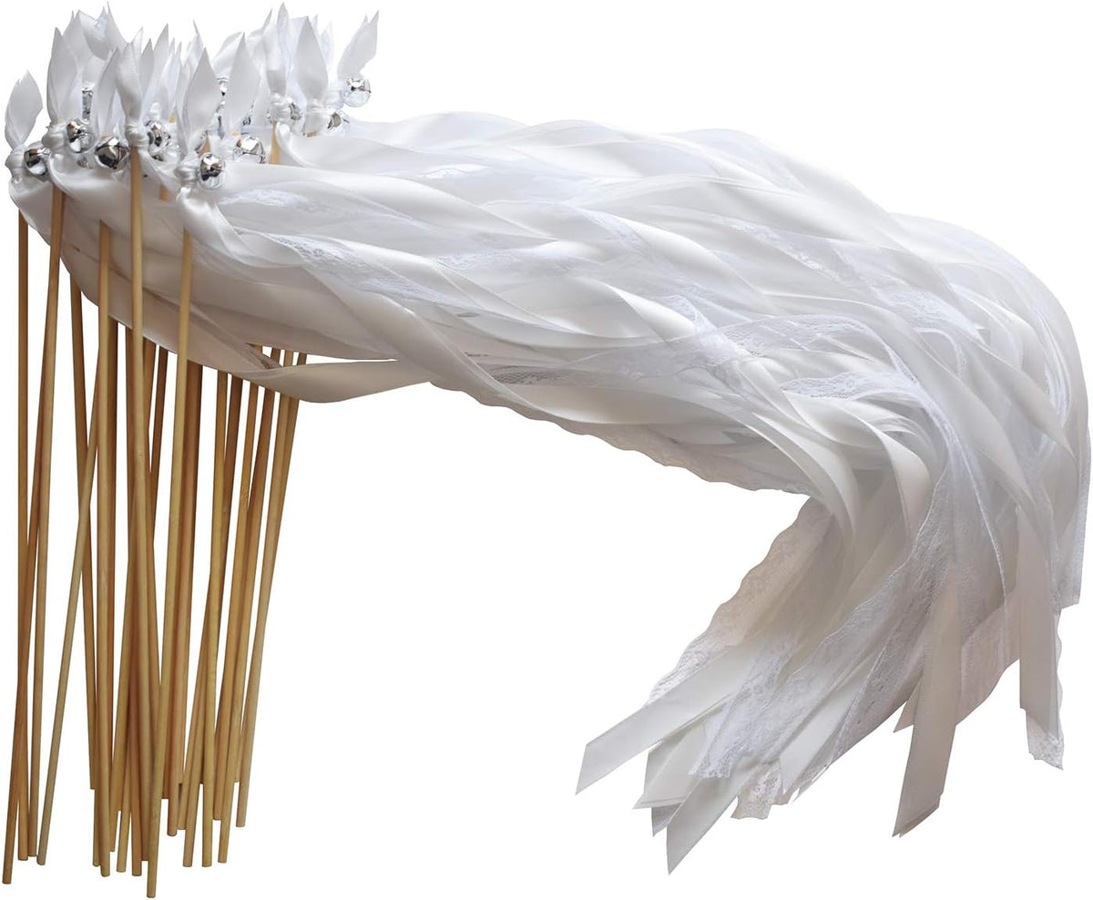 Kingsnow 50 Pack White Lace Ribbon Wands Wedding Streamers with Silver Bells, Silk Fairy Stick Wish