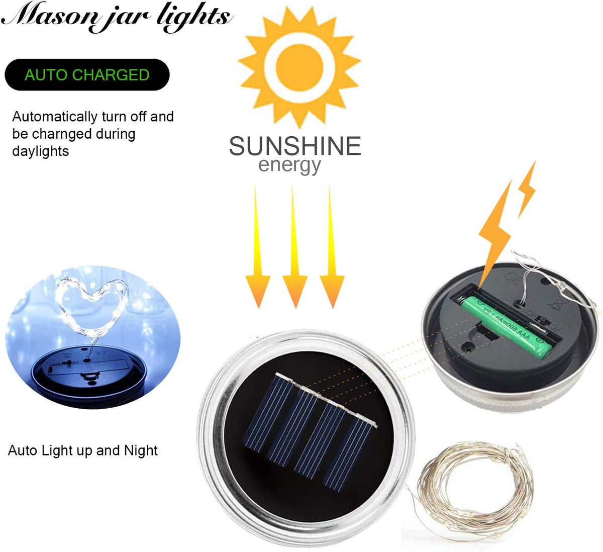 VOOKRY 6 Pack Solar Mason Jar Lights, 30 LED Mason Jar Lids Waterproof Firefly Fairy String Lights