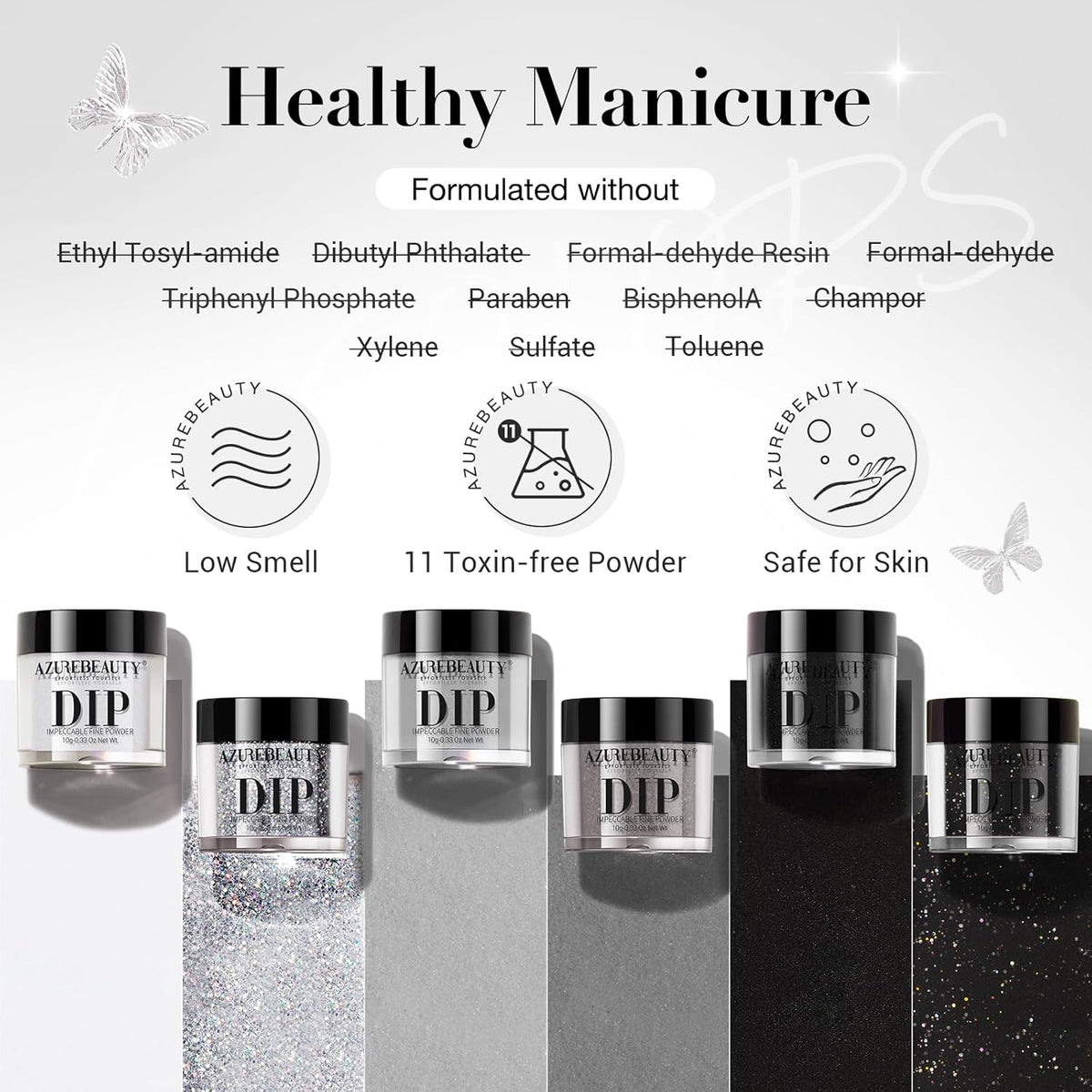 AZUREBEAUTY Dip Powder Nail Basic Set White Black Silver Grey Pure Sparkle 6 Colors All Seasons