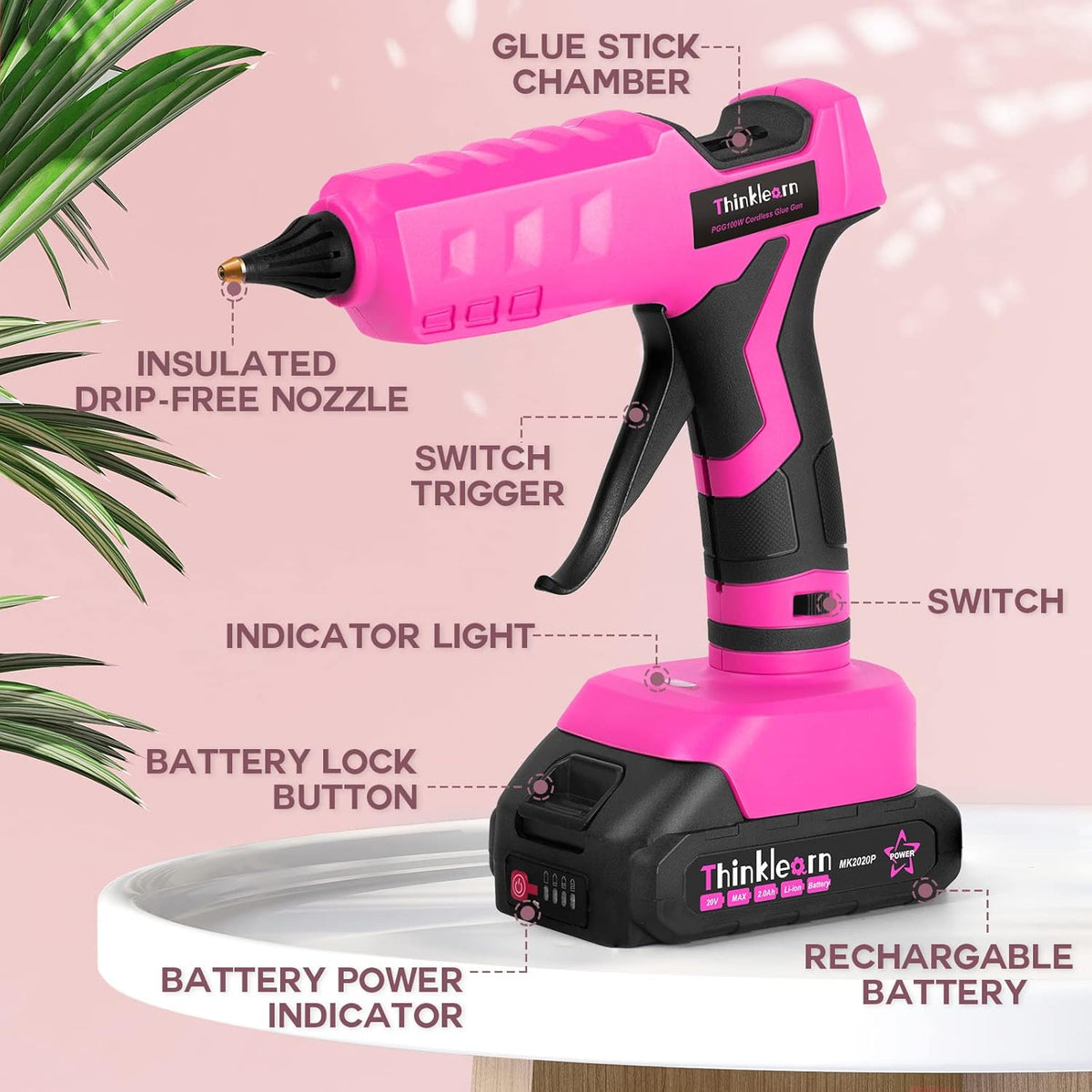 Hot Glue Gun, 20V Pink Cordless Glue Gun with 30 PCS Full Size Glue Sticks, 2Ah Rechargeable