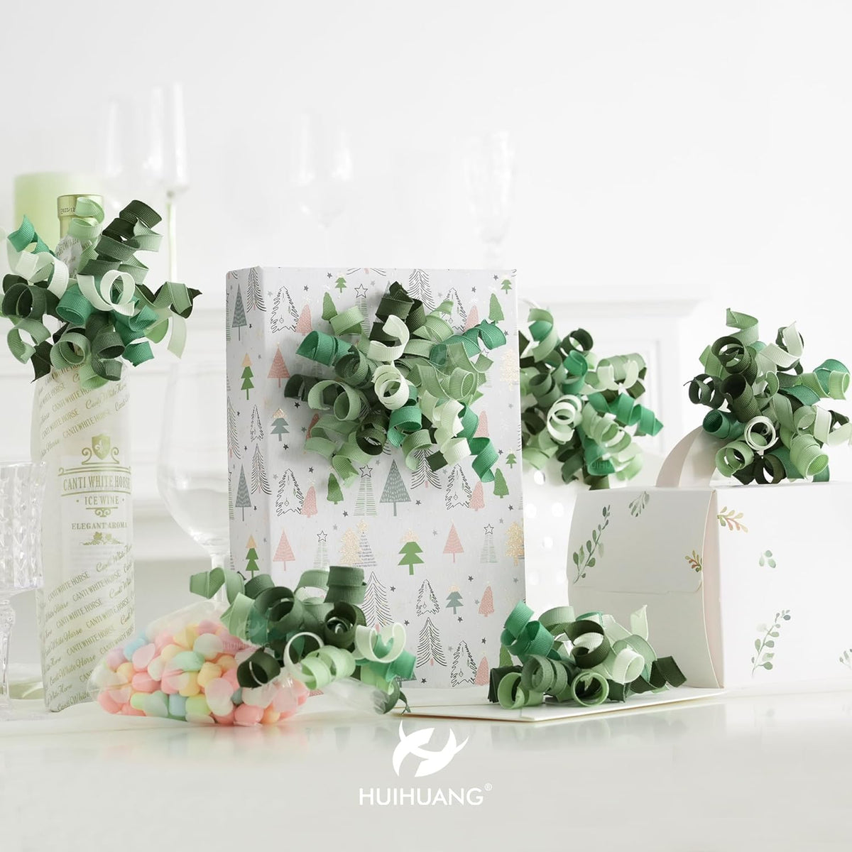 HUIHUANG Green Curly Gift Bows Self Adhesive Sage Green Burst Gift Bow for Gift Wrapping, Birthday