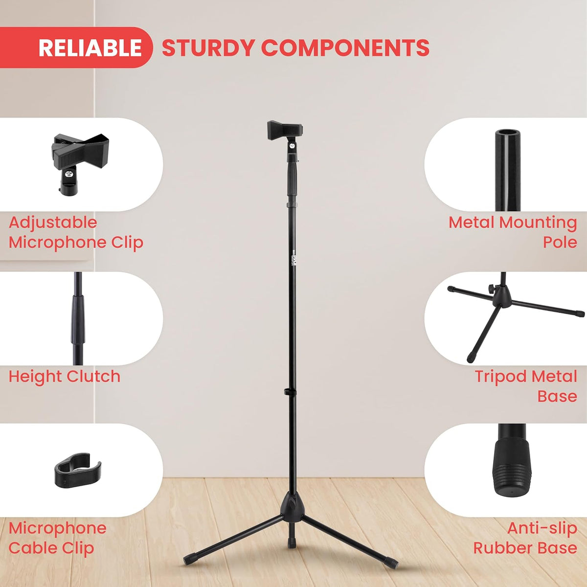 Pyle Tripod Microphone Stand, Height Adjustable from 39.37" to 66.14'', Mic Stand for Floor, Sturdy