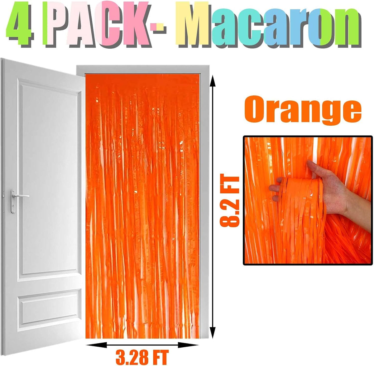 4 Pack Macaron Orange 8.2Ft Tinsel Foil Fringe Curtain Backdrop, 3.28Ft Metallic Streamers for