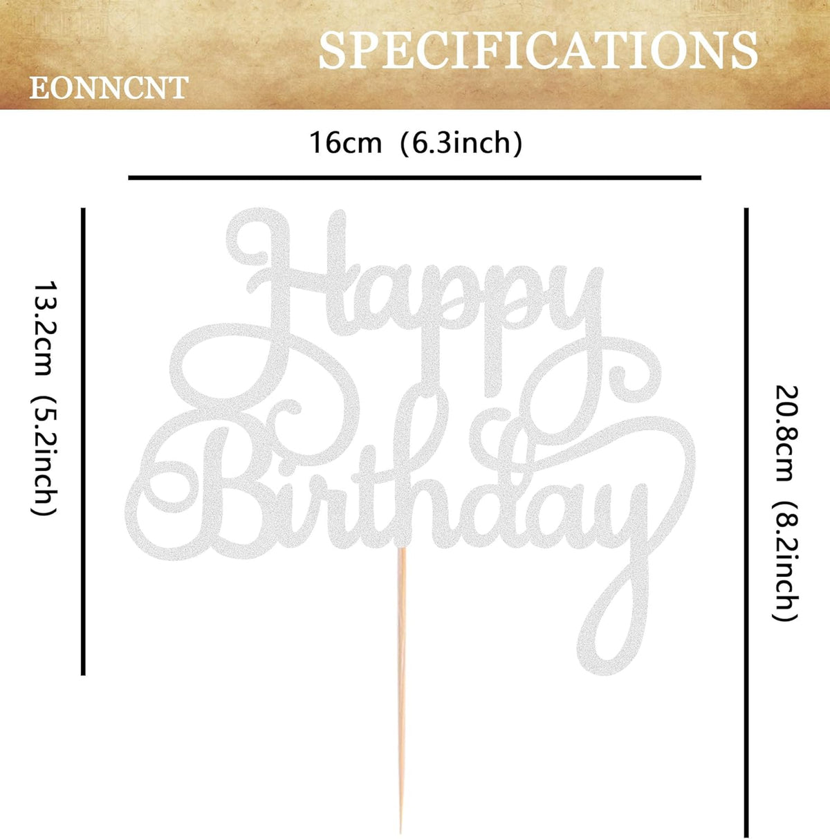 Happy Birthday Cake Topper - Silver Glitter Birthday Party Cake Decoration Supplies - Happy