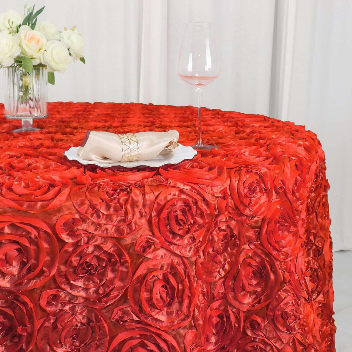 Efavormart 120" Wholesale Round Table Cover RED Grandiose Rosette 3D Satin Tablecloth for Wedding