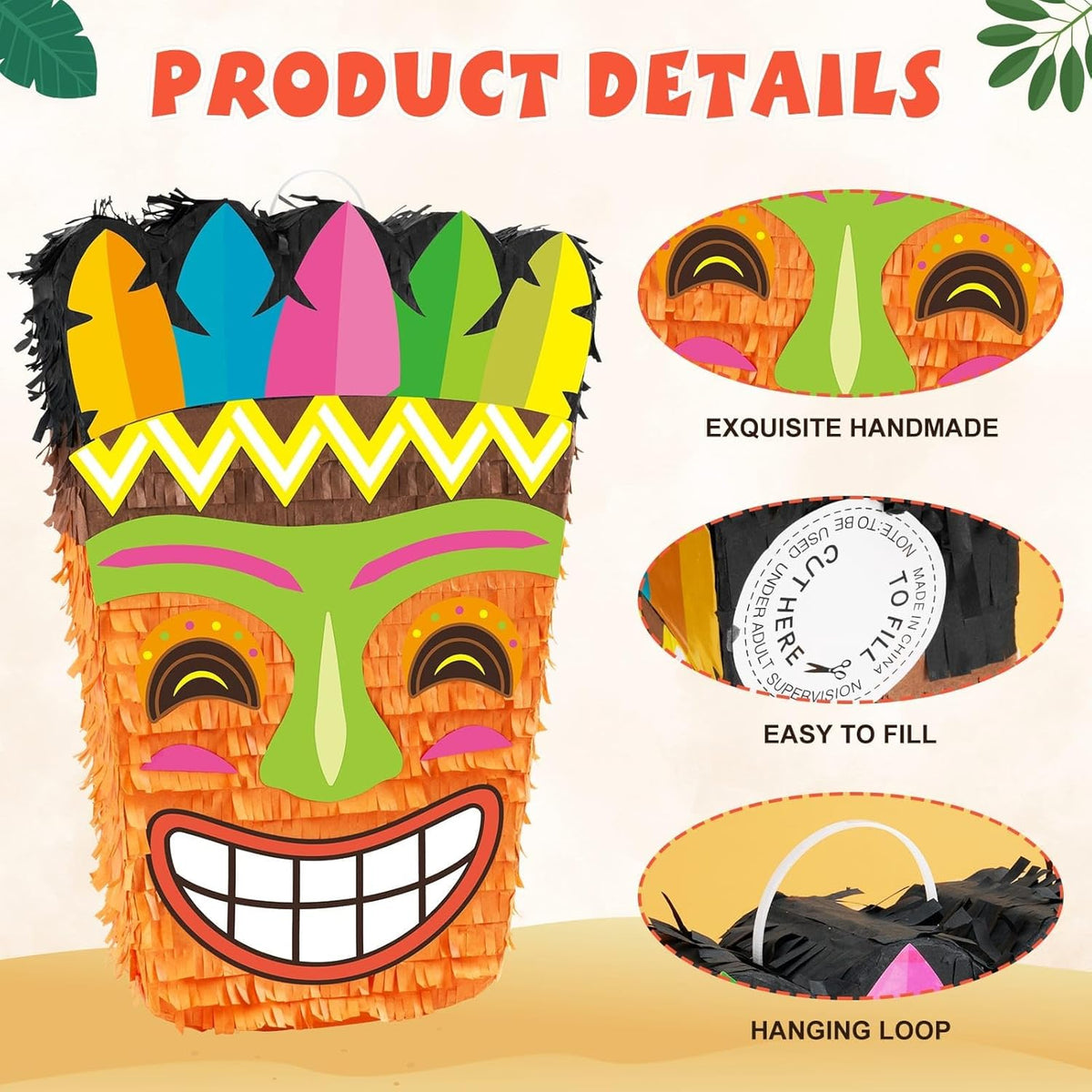 WERNNSAI Tiki Piñata -Tropical Hawaii Piñata with Blindfold and Bat for Girls Boys Kids Piñata