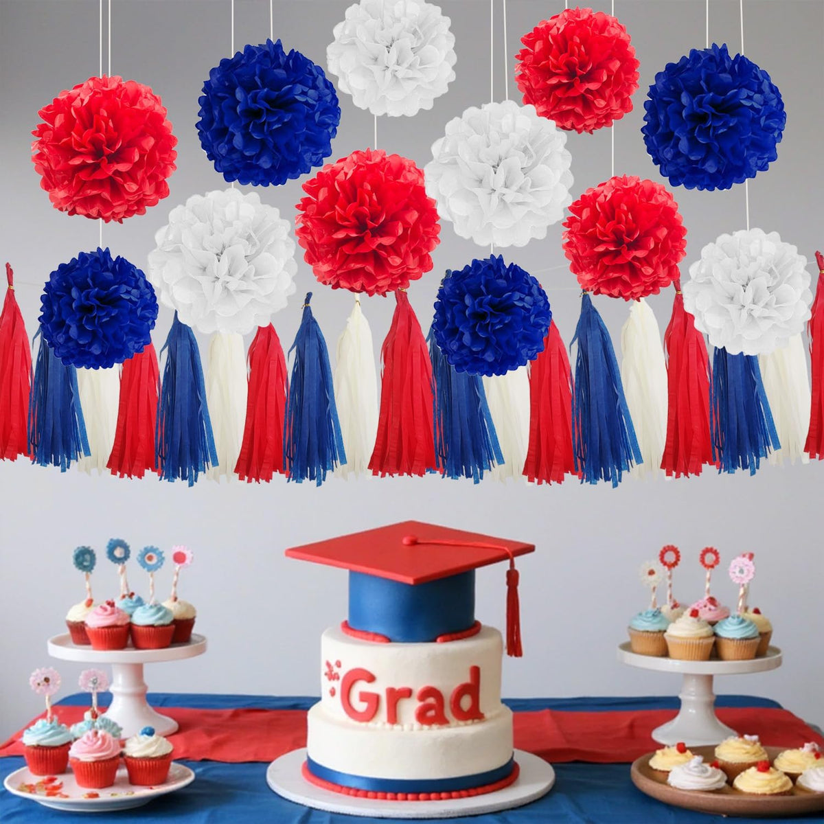 GAKA Red Blue and White Tissue Paper Tassel,Paper Tassel Garland Banner for Patriotic Party Decor