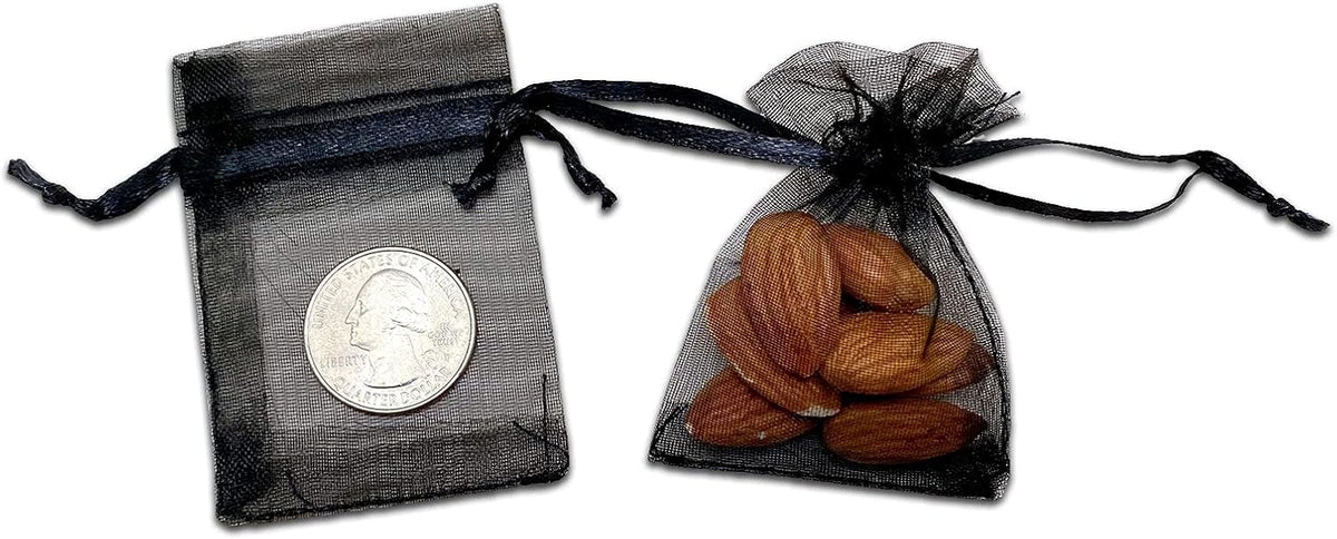 TheDisplayGuys 100-Pack XS 2x2 3/4" Black Sheer Organza Gift & Goodie Bags with Drawstring for