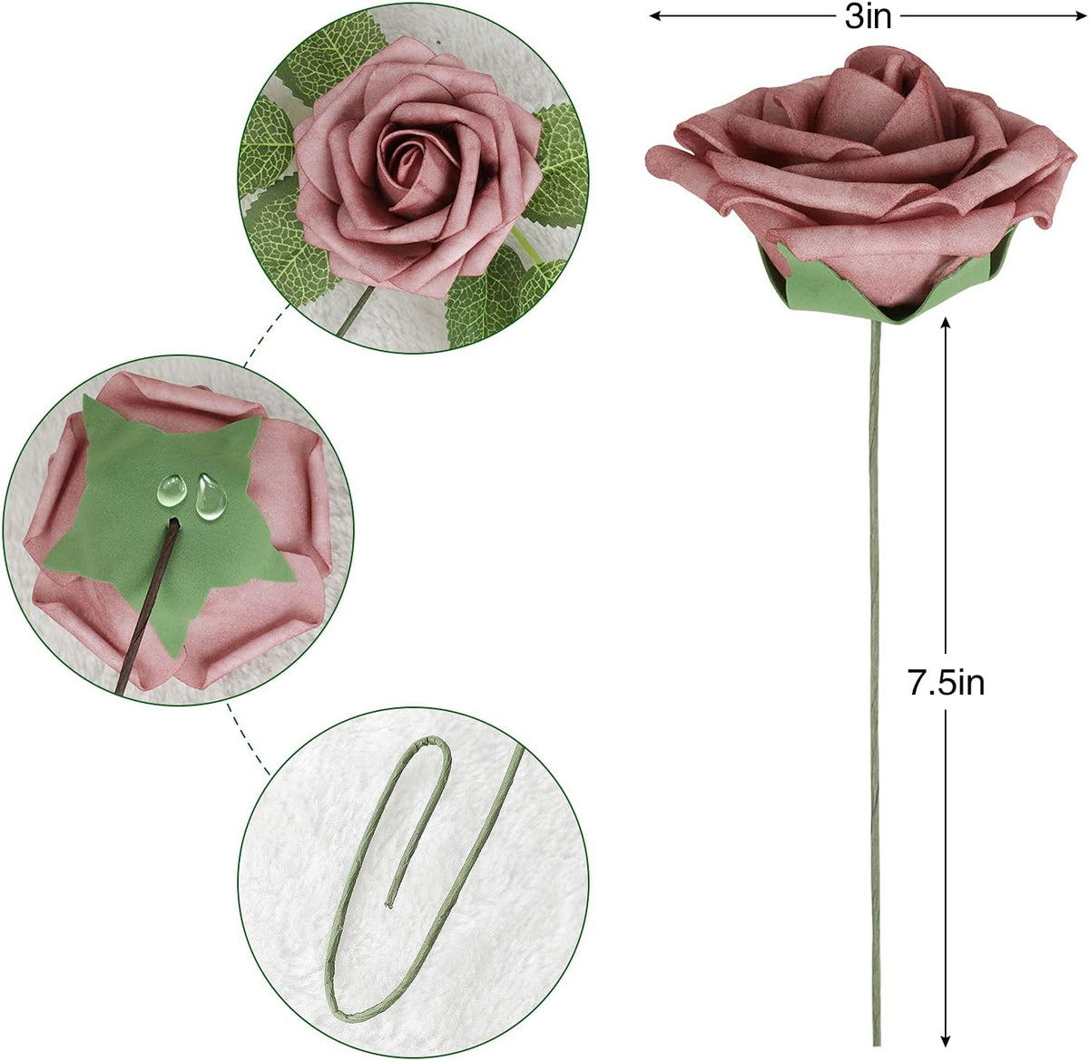 AmyHomie Artificial Flower Warm Taupe & Nude Rose 25pcs Real Looking Fake Roses w/Stem for DIY