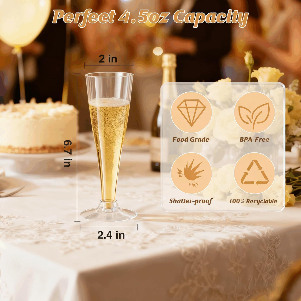 100 Pack Clear Champagne Flutes Plastic Wine Glasses Disposable, 4.5 Oz Transparent Mimosa Glasses
