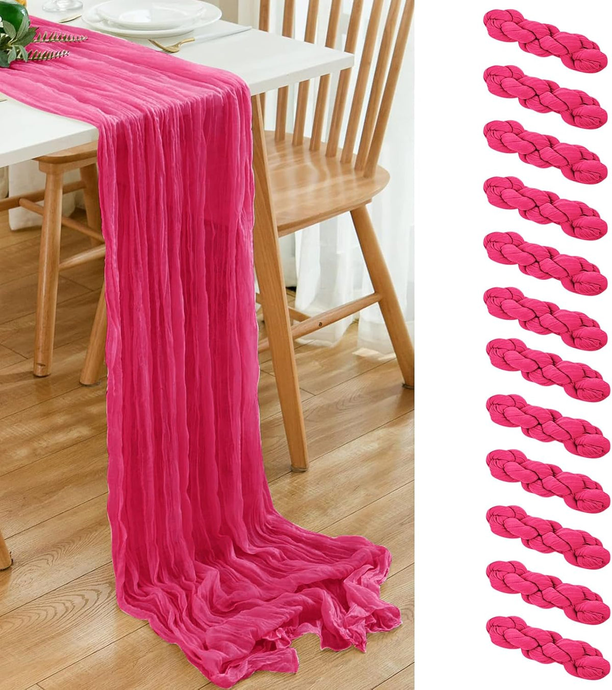 12 Pack Hot Pink 10 Ft Cheesecloth Table Runner 20x120 Inch Boho Wrinkled Sheer Romantic Gauze