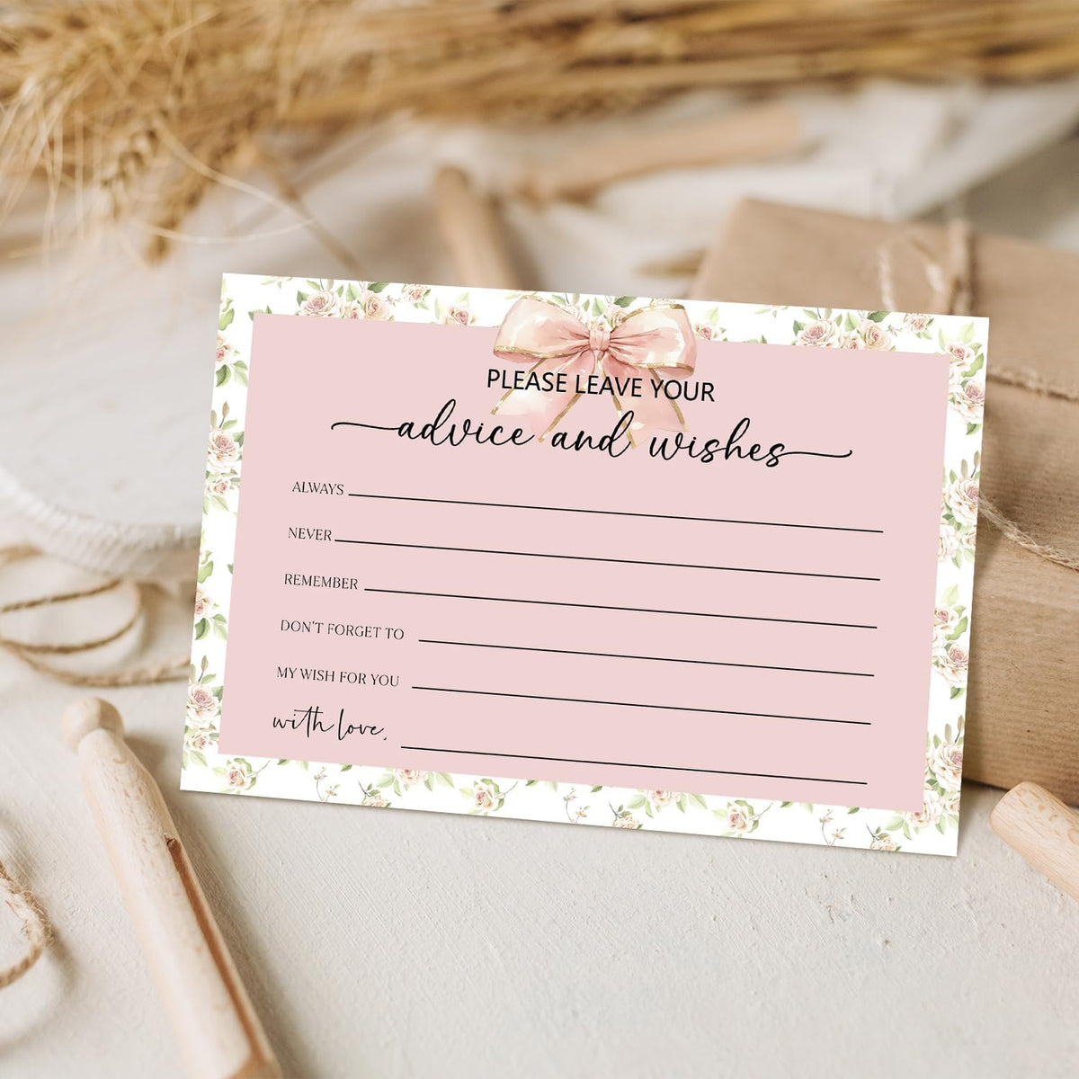 Pink Bow Advice and Wishes Card, Flower Advice Cards for The Bride and Groom, Bridal Shower,Wedding
