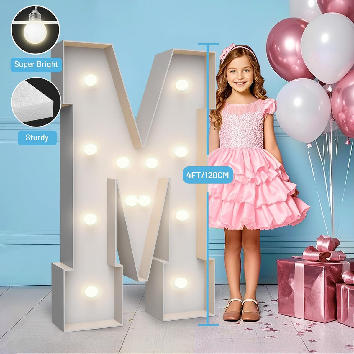 4FT Marquee Light Up Letters M,Party Decoration Large Marquee Light Up Letters with Weighted Water