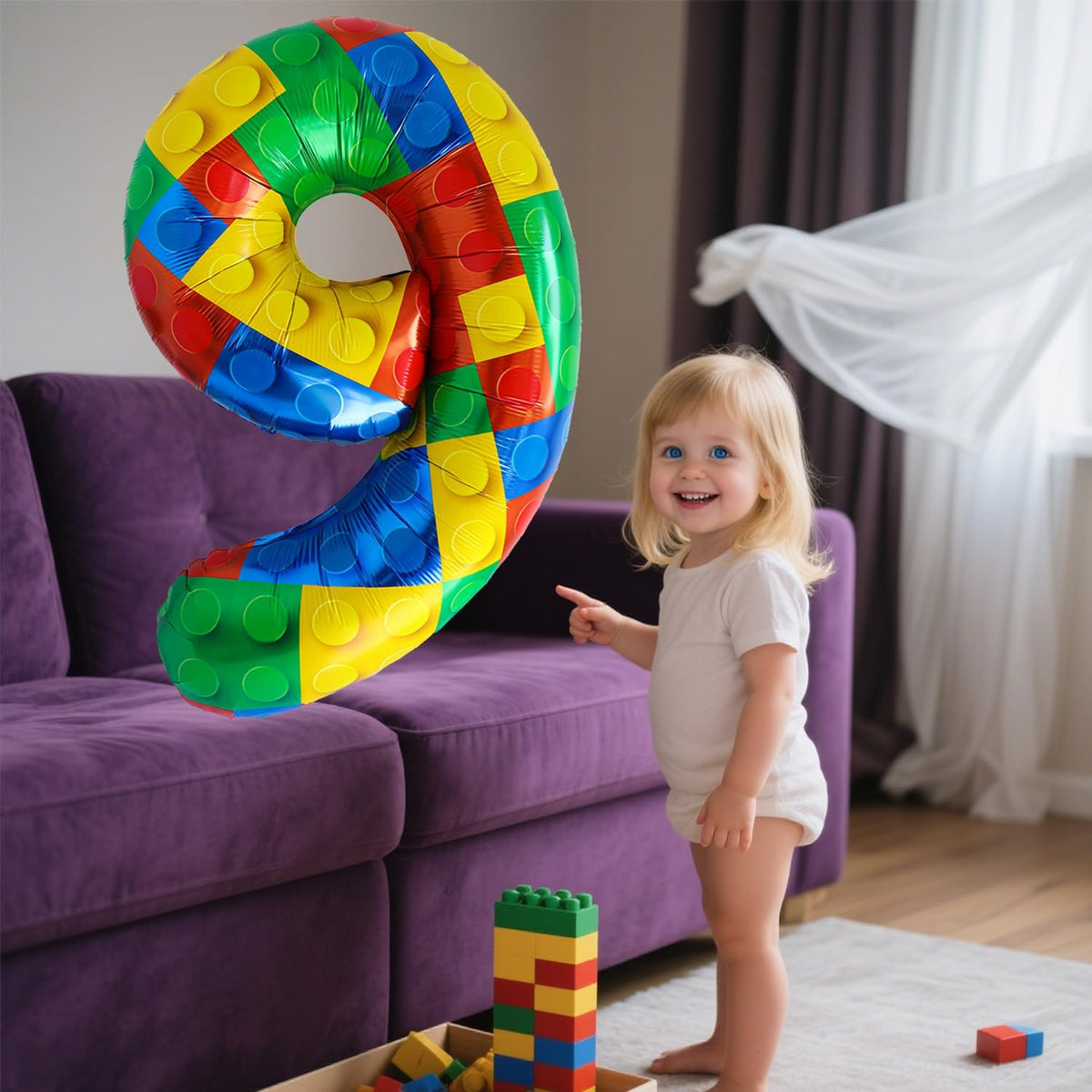 32 Inch Stackable Block Number Balloon – Colorful Brick Building Themed Big Helium Digits for Kids