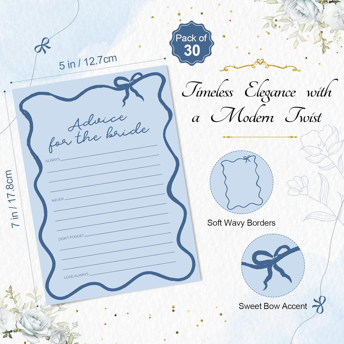DEEKA 30 PCS Bridal Shower Games Card for 30 Guests Blue Wavy Border Ribbon Bow Funny Wedding