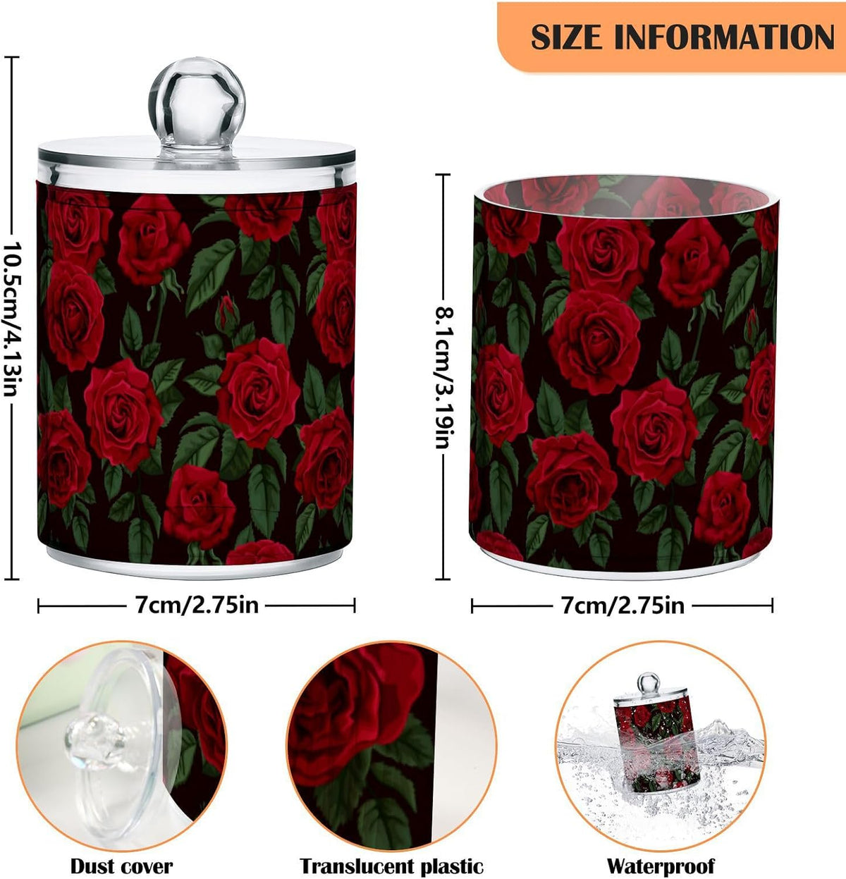 Gredecor Qtip Holder Dispenser 4 Pack Red Rose Flowers Leaves Apothecary Jars with Lids Bathroom