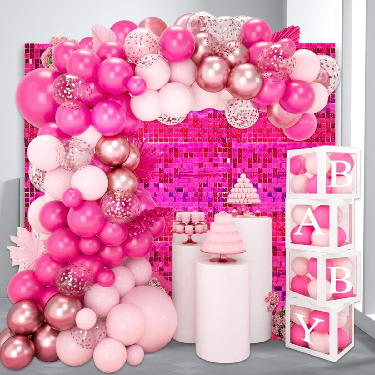 24PCS Fuchsia Shimmer Wall Backdrop, Laser Square Sequin Photo Backdrops Panel, Glitter Wall