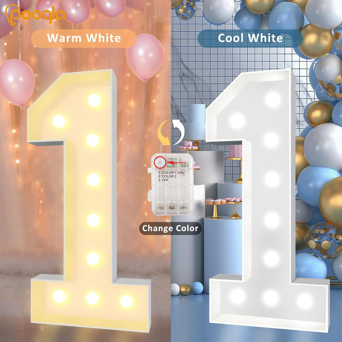 Pooqla 4 FT Light Up Marquee Numbers, Cool White and Warm White LED Large Lighted Marquee Numbers