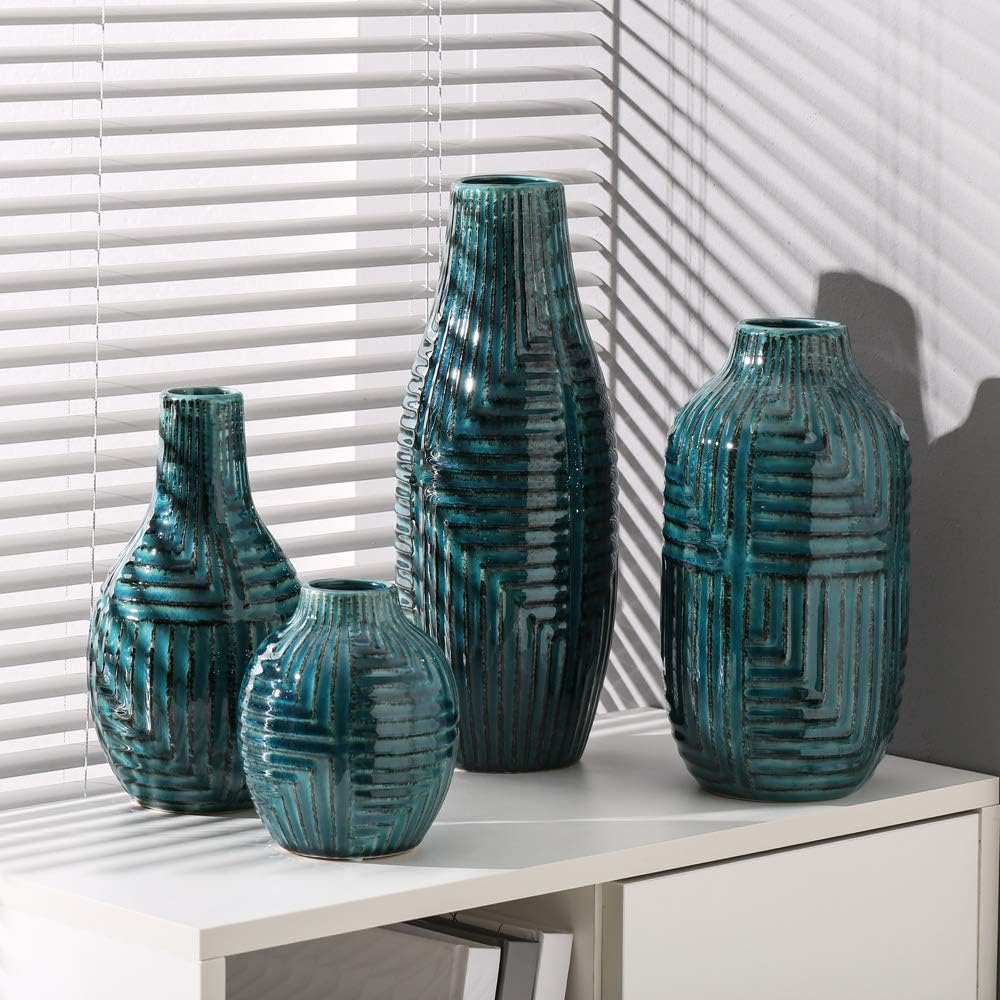 hjn Ceramic Vase- Teal Vase for Home Decor，Flower Vase for Centerpieces, Modern Decor Vases for