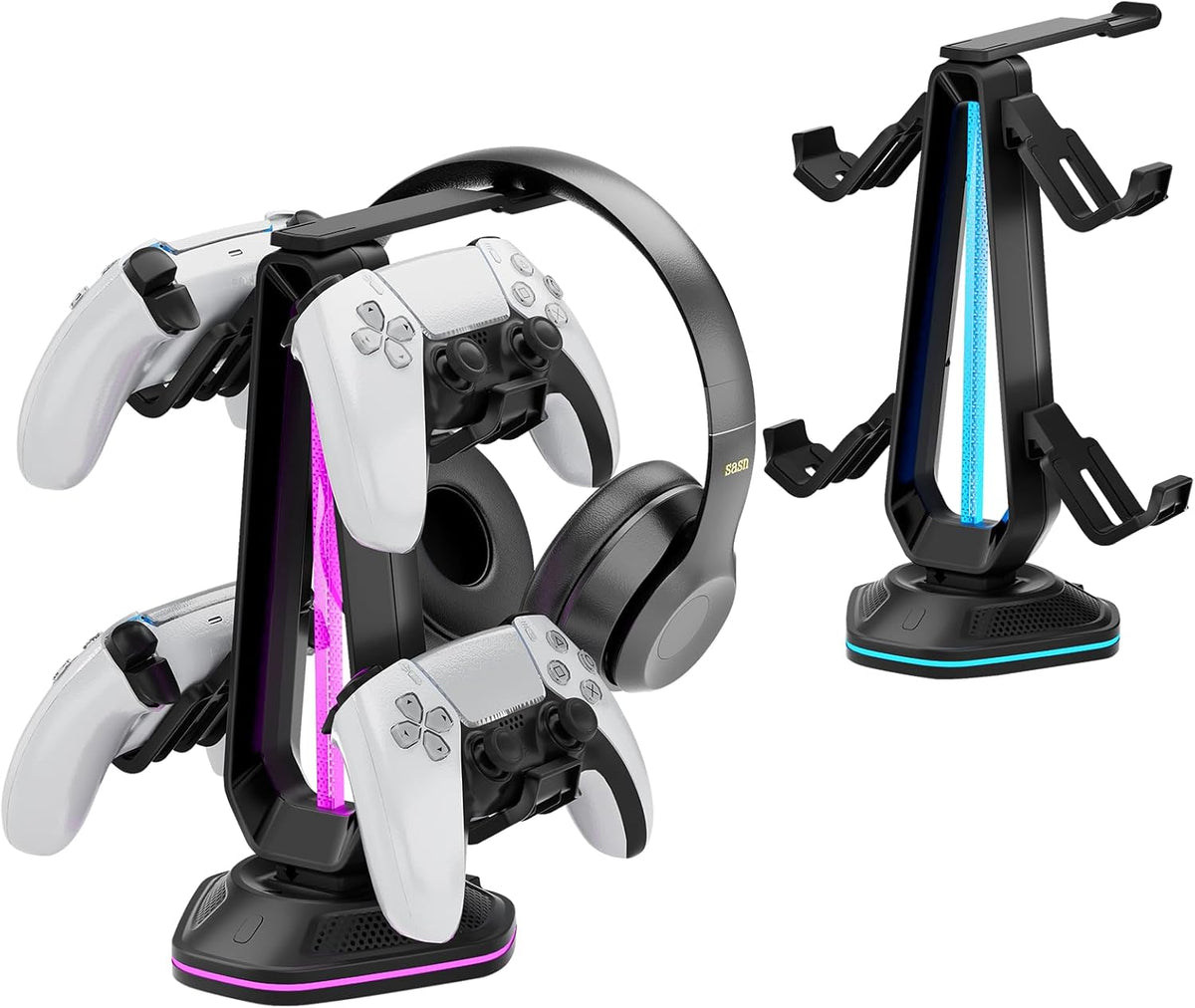Saitake RGB Headset Stand with 9 Light Modes,Controller Holder for Desk with 2 USB Charging