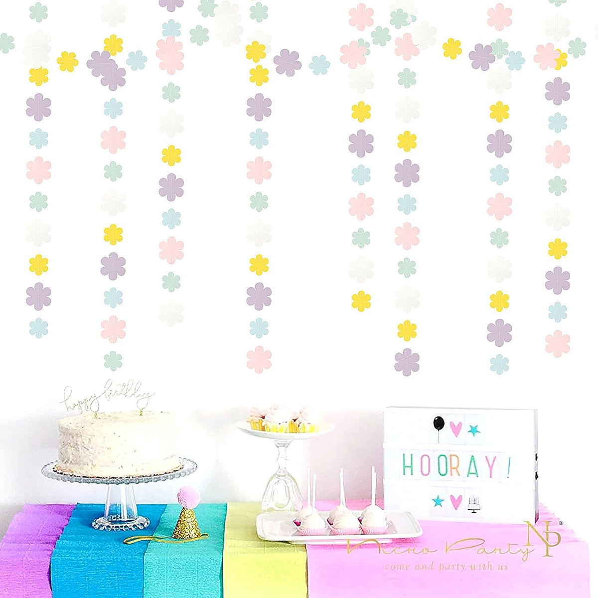 Pastel-Rainbow Colorful Party-Decorations Streamers-Garland - 52ft Flower Hanging Paper Banner